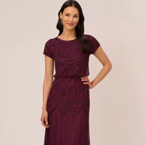 Adrianna Papell Size 8 Short Sleeve Blouson Beaded Gown in Plum (Cassis)